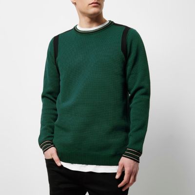 Dark green textured colour block jumper